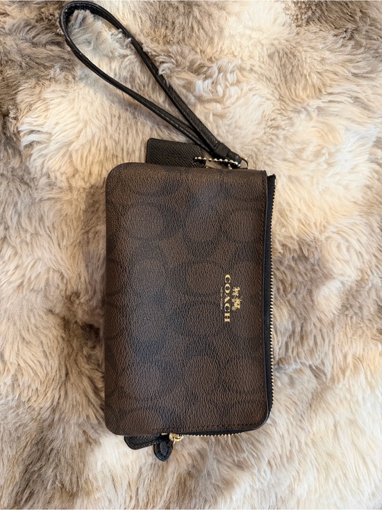Coach Handbags - Coach Dark Brown Signature Double-Zip Wristlet with Gold Logo